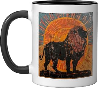 Lion Painting Sunset Abstract Sun Ceramic Mug, Black/White