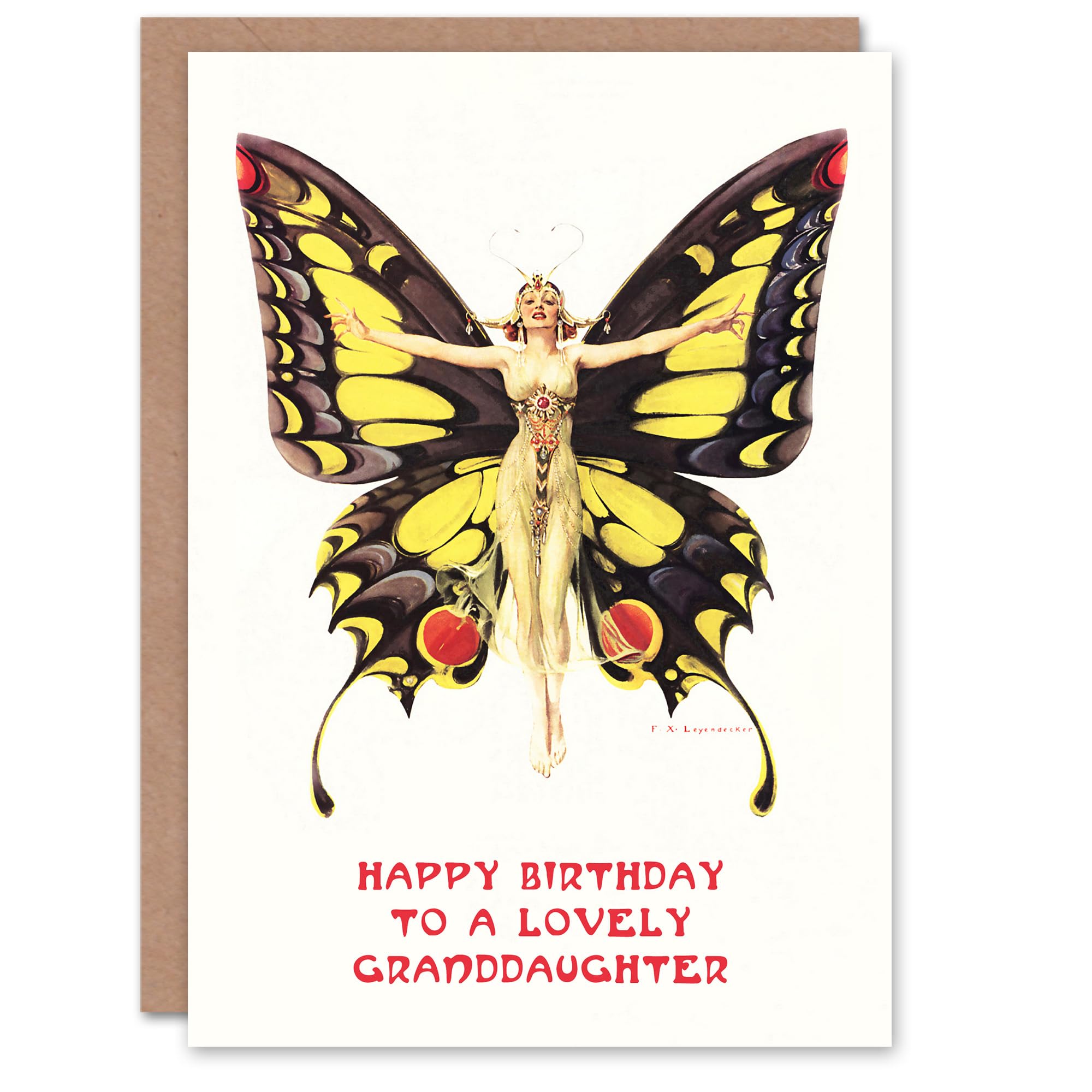 Artery8 Granddaughter Happy Birthday Card 1920's Art Nouveau Butterfly Woman Elegant Fun For Her Greeting Card