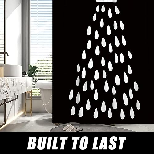 Miniatura 2 de Cortina de ducha en blanco y negro, divertido cabezal de ducha y gotas de agua, cortinas de ducha para baño, lavable a máquina, cortina de tela de