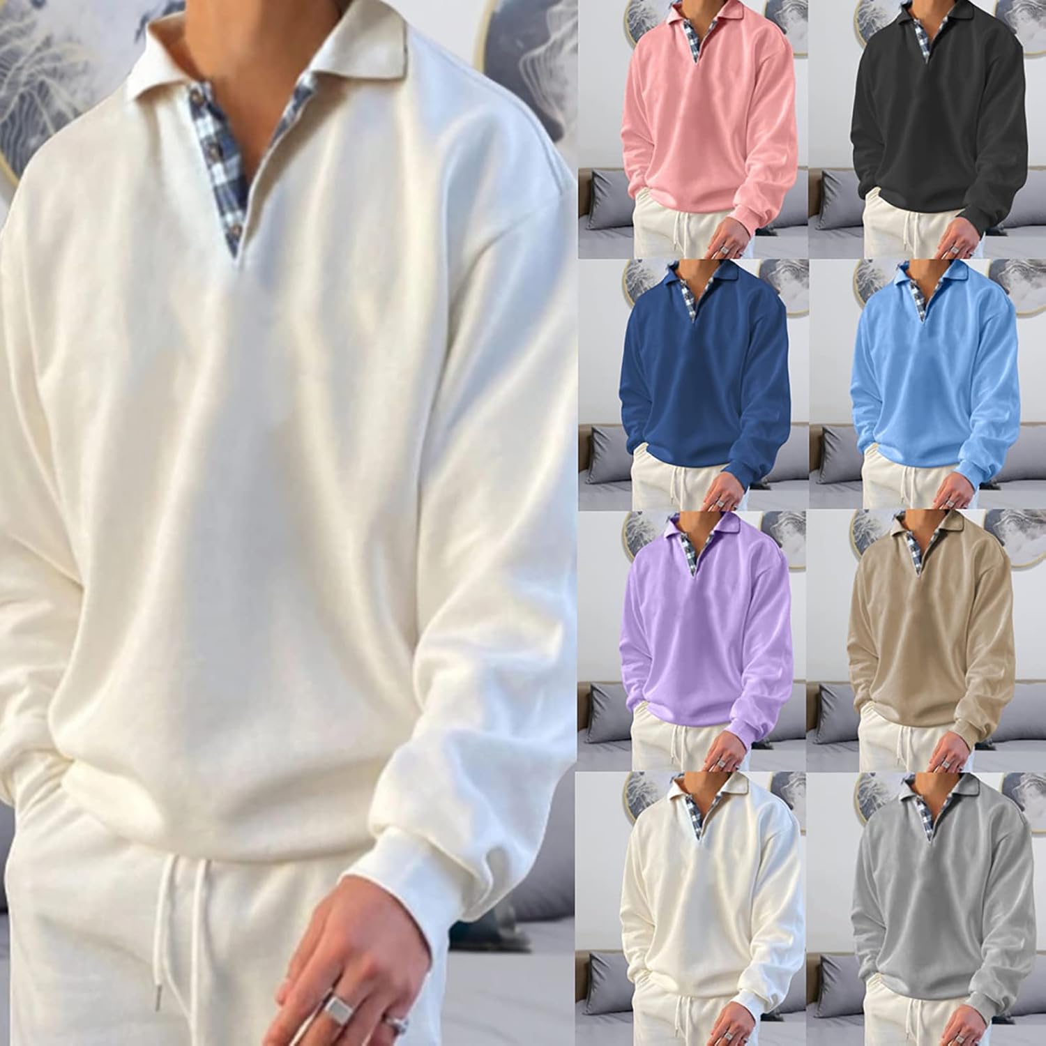 Opomelo Men's Long Sleeve Pullover Polo Shirts-Casual Loose Fit Sweatshirts V Neck Tops - Image 4