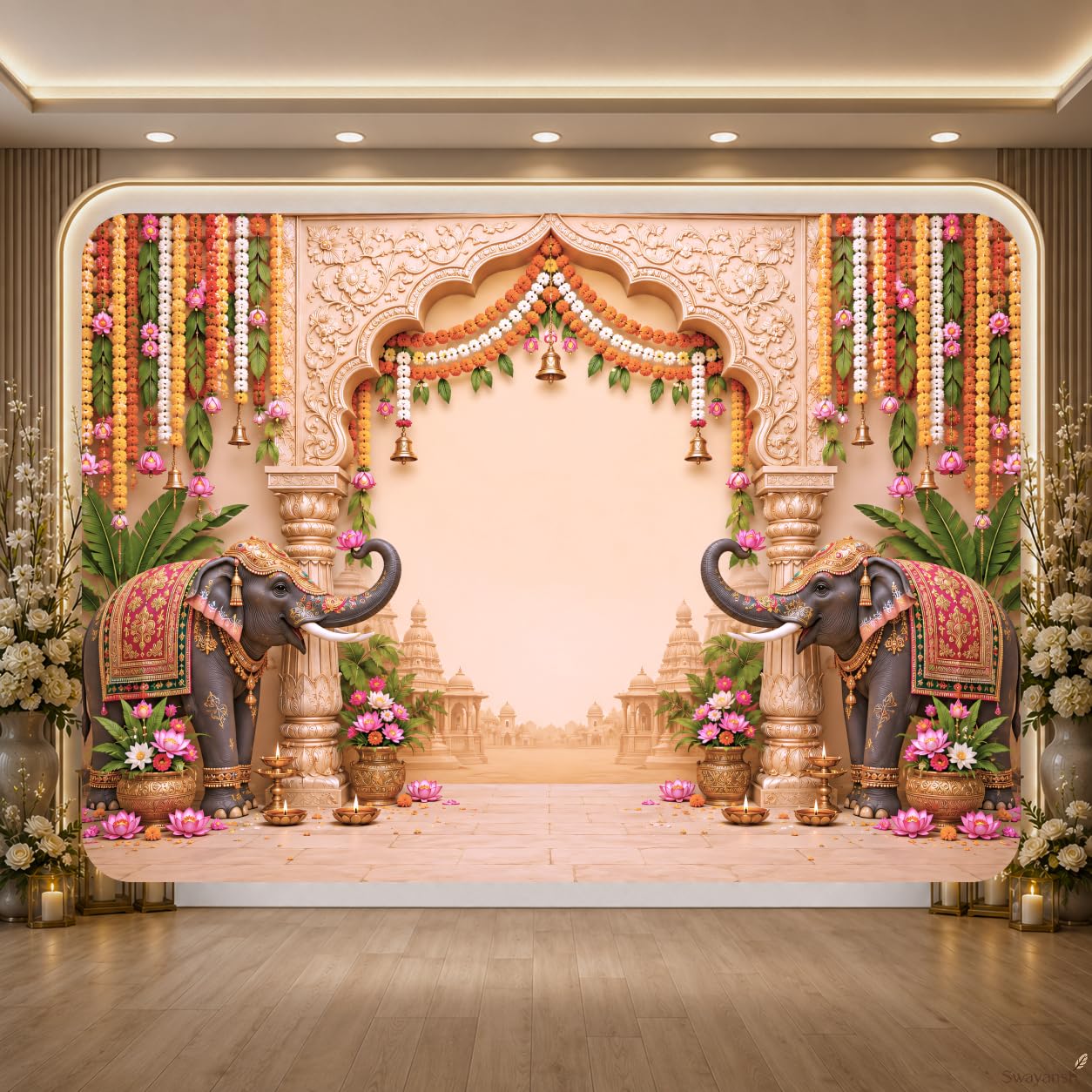 Pooja Backdrop Cloth 7 x 5 FT Temple Mandir Background Decoration Cloth Backdrop Curtain for Satyanarayan Katha Ganesh Chaturthi Janmashtami Haldi Mehndi Baby Shower Photography-image-48