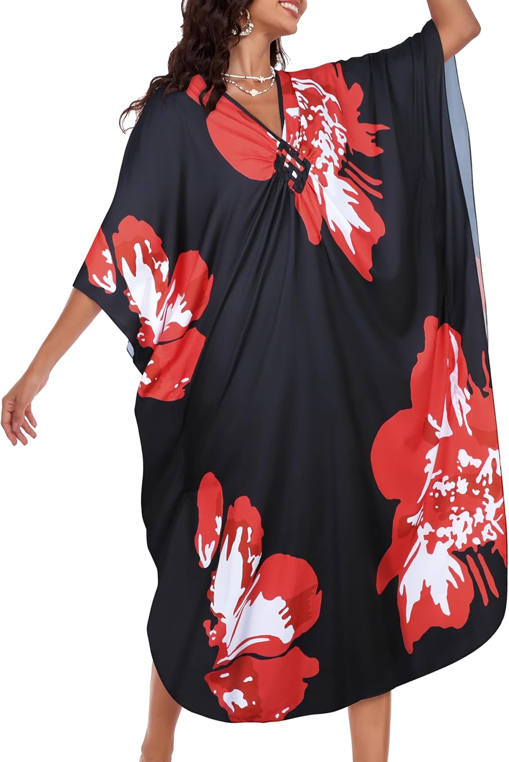 Kaftan Dresses for Women Plus Size V Neck Caftans Long Batwing Sleeve Beach Cover U... - Image 7