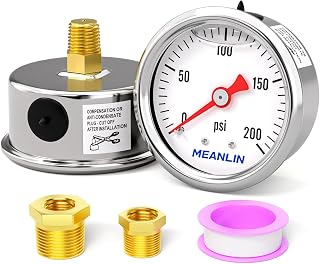 MEANLIN MEASURE 0-200 PSI Stainless Steel Glycerin Filled Pressure Gauge, 1.5" Dial 1/8" NPT Back Mount w/ 1/4" & 3/8" Adapters