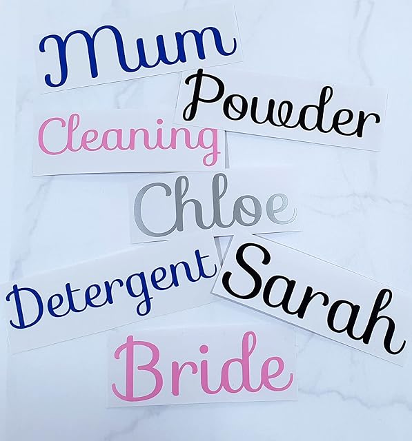 Sticky Art UK Personalised Name / Word Vinyl Stickers - 2 Height Options 21 Beautiful Colours. Perfect for Weddings Glass Box Wine Bottles Label Decal, Either 1inch or 1.5inch Height, Width will vary