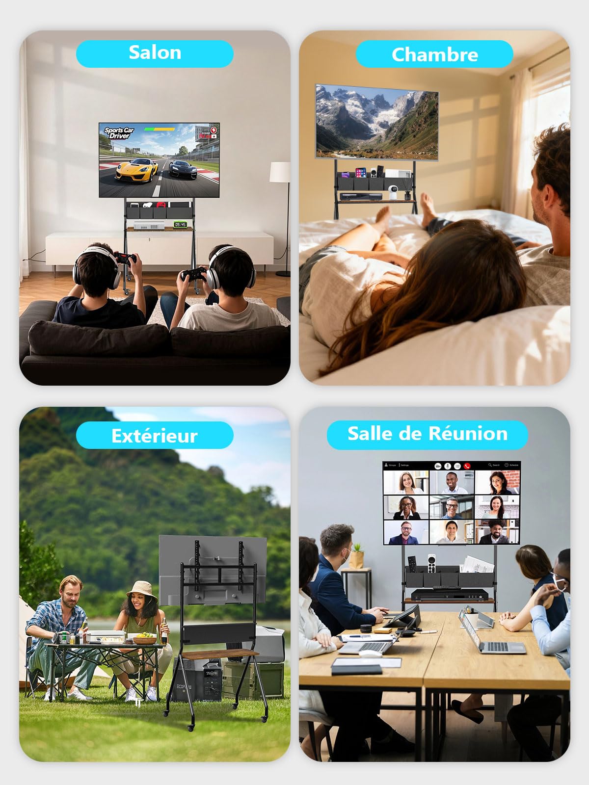 Support mural roulant pour TV avec sacs de rangement, design anti-collision esthétique, chariot TV mobile pour écrans LCD/LED/OLED plats/courbés de 32 à 75 pouces, supporte jusqu'à 45 kg, hauteur
