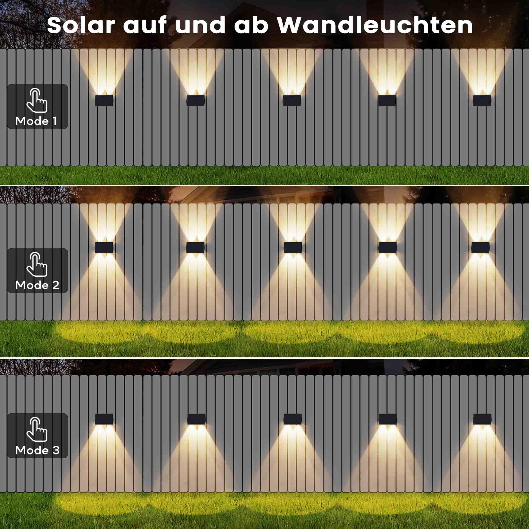 wandleuchte solar außen solar wandleuchte aussen solarlampen Nach Oben und Unten Beleuchtet 4 LEDs IP67 Wasserdichte Solarleuchte für Garten Balkon Terrasse Treppen Warmweiß 4er