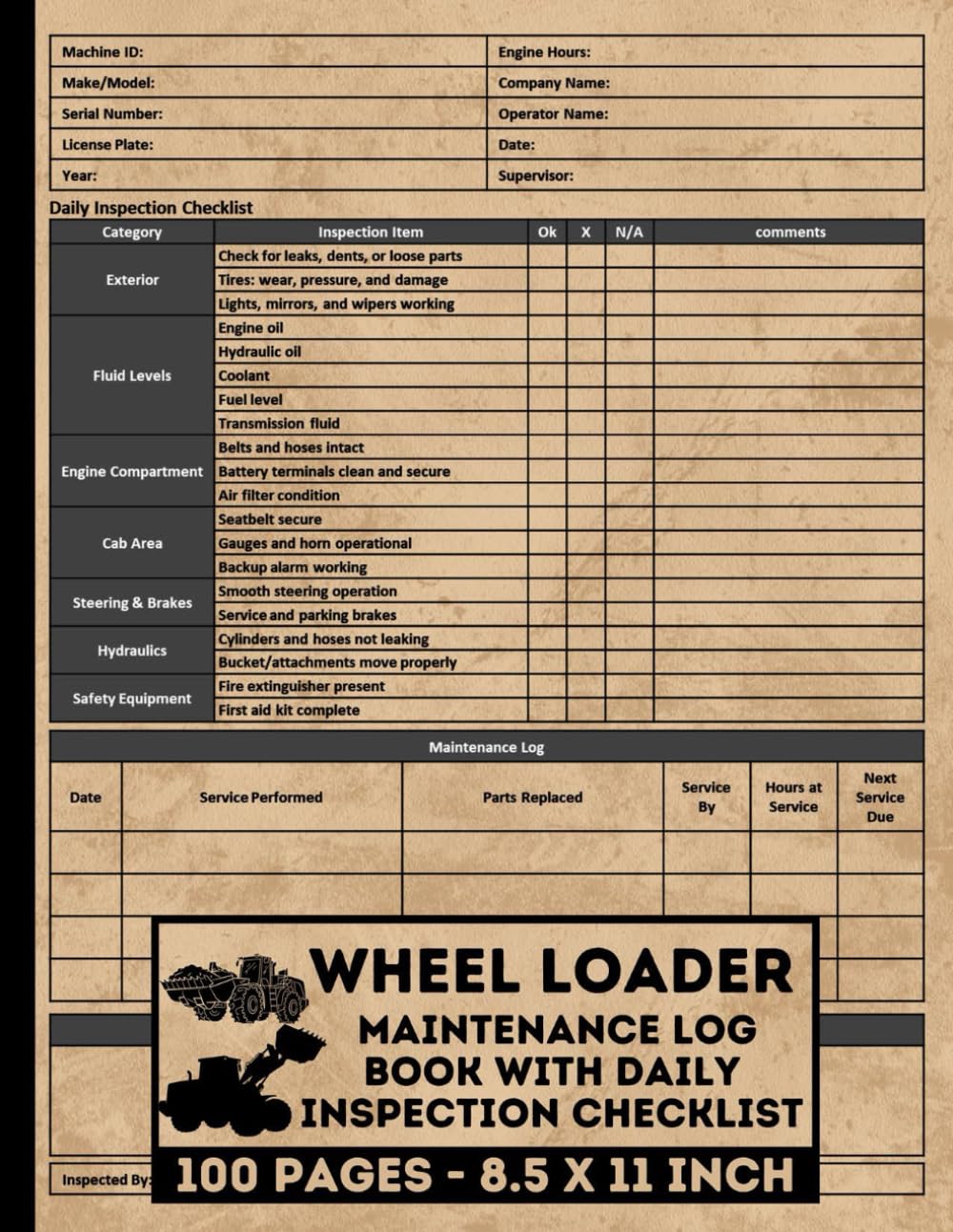 Wheel Loader Maintenance Log Book with Daily Inspection Checklist ...