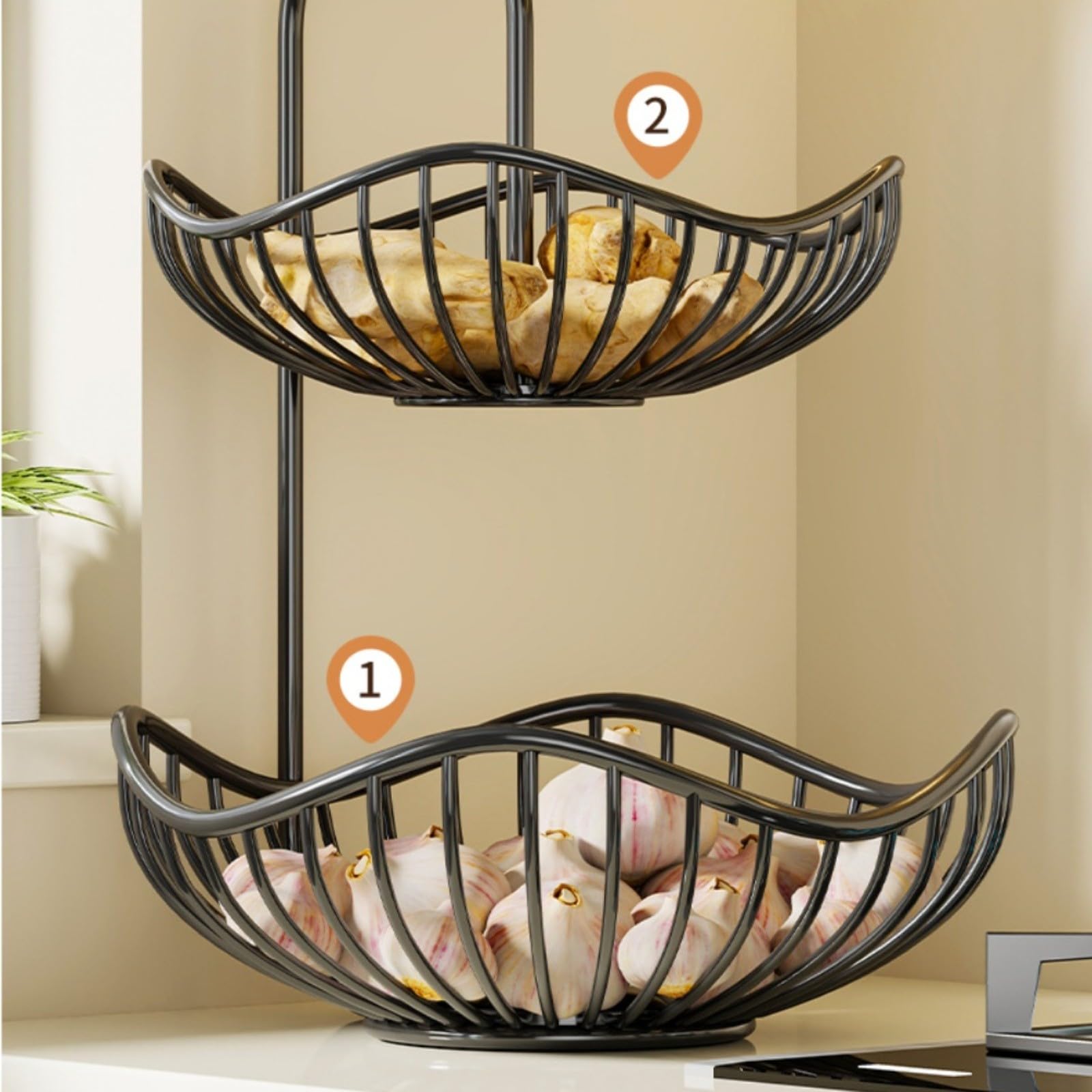Ciotola per frutta a 2 ripiani, per bancone della cucina, in acciaio inox, con design a doppio strato, supporto per prodotti in metallo antiruggine, per sala da pranzo e bagno, 30 x 20 cm