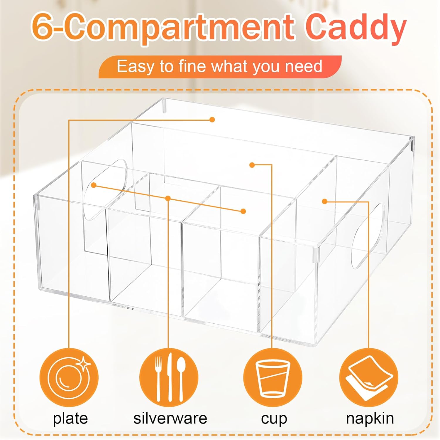 LemonRoad Utensil Holder for Party Acrylic Silverware Caddy Paper Plate Napkins Cups Fork Spoon Organizer with 6 Compartments Cutlery Caddy for Countertop Kitchen Party Camping Picnic