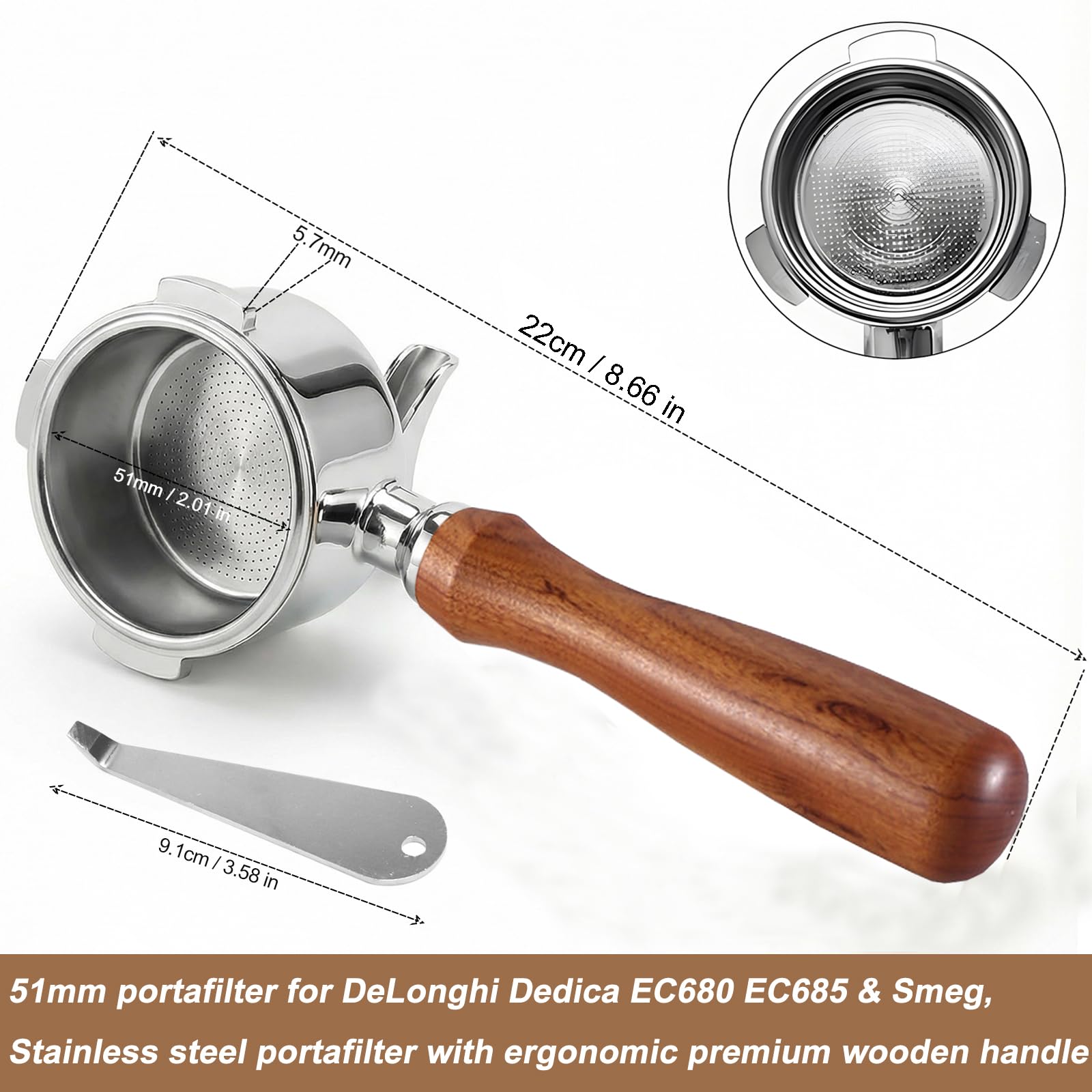 Sitko 51 mm do DeLonghi Dedica EC680 EC685 EC885 & Smeg, filtr portowy ze stali nierdzewnej, konstrukcja z 3 uszami, podwójna wylewka, z ergonomicznym drewnianym uchwytem, w zestawie kosz