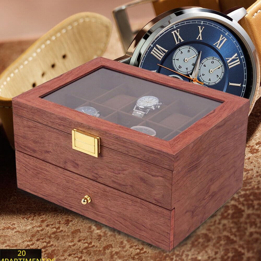 Caja para relojes de madera para 20 relojes Caja de joyero | relojero organizador, Estuche de Relojes de 2 Niveles, Tapa de Cristal Transparente, para Vitrina