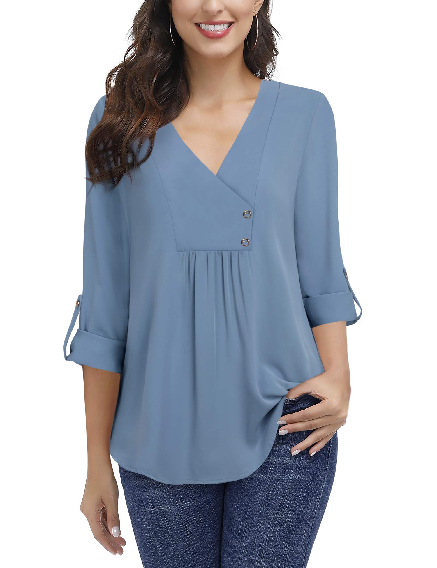 Women's Roll-up 3/4 Sleeve Shirts Casual V Neck Pleated Chiffon Blouse Tunic Top
