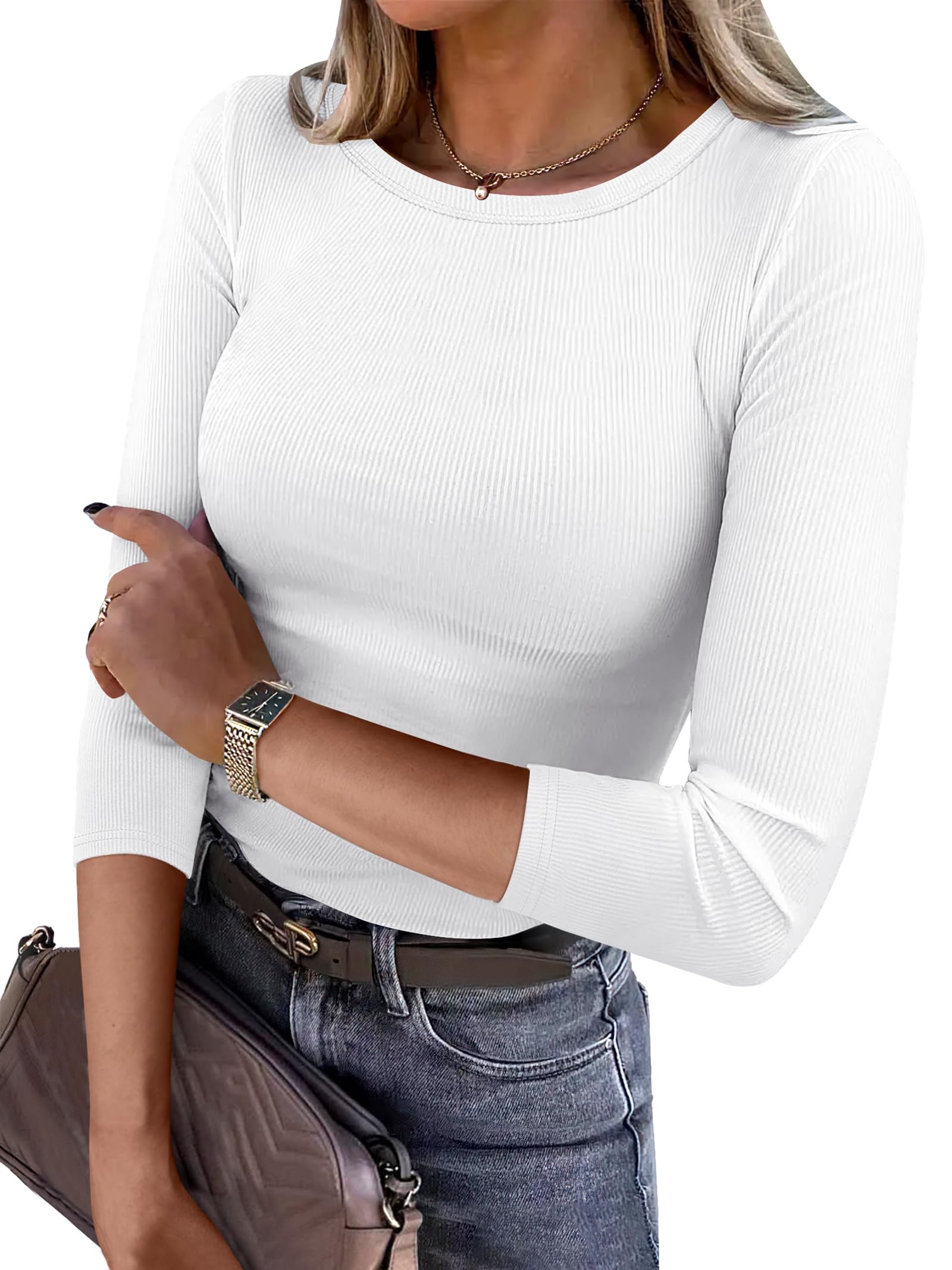 ANRABESS Women 3/4 Sleeve Crewneck Rib Knit Slim Fit Shirts Basic Tee Tops 2025 Summer Casual T-Shirt Workout Outfits Clothes