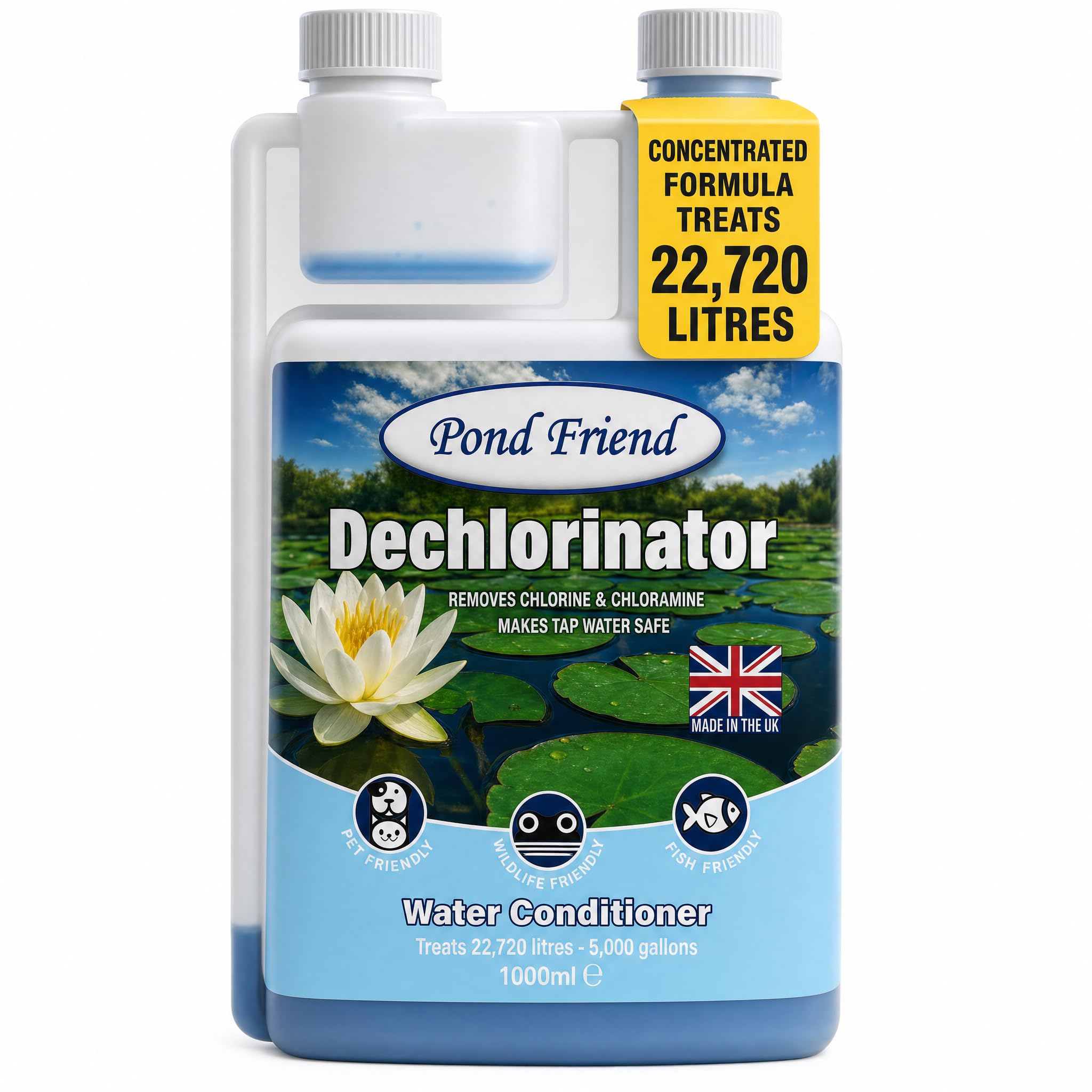Pond Friend Dechlorinator & Tap Water Conditioner Treatment Makes Fish Safe Instantly By Removing Chlorine Chloramines & Heavy Metals From Fresh Water 1000ml Treats 22,720 Litre