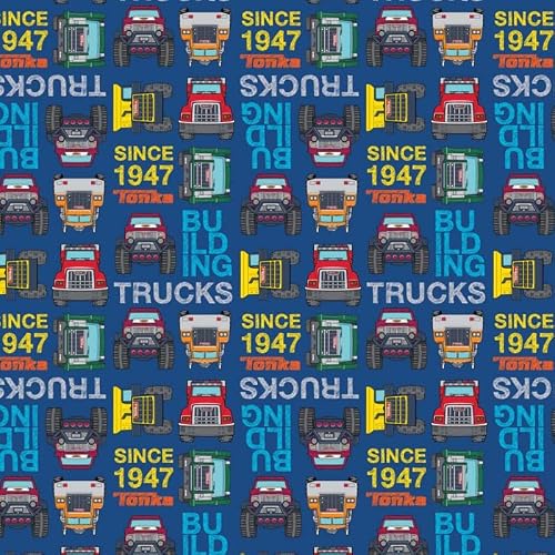 Camelot Fabrics - Tonka Trucks - Tissu en coton - Au mètre, 111,8 cm de large, couleur bleue, 100 % coton pour loisirs créatifs, matelassage, couture, patchwork
