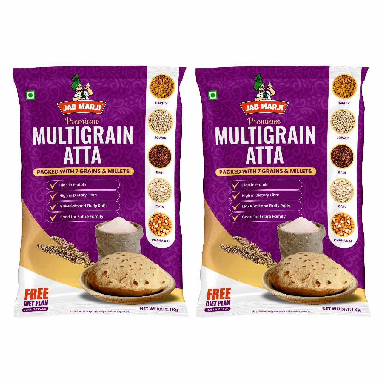 Jab Marji Multigrain Flour (1kg) | High in Protein, Fibre & Essential Nutrients | Blend of Barley, Jowar, Ragi, Oats, Chana Dal | Chakki Ground Atta | Good for the Entire Family | Soft Fluffy Rotis | 100% Vegan & Natural | Pack of 2 (1 kg X 2) (B0DFPW6LGM) Amazon Price History, Amazon Price Tracker