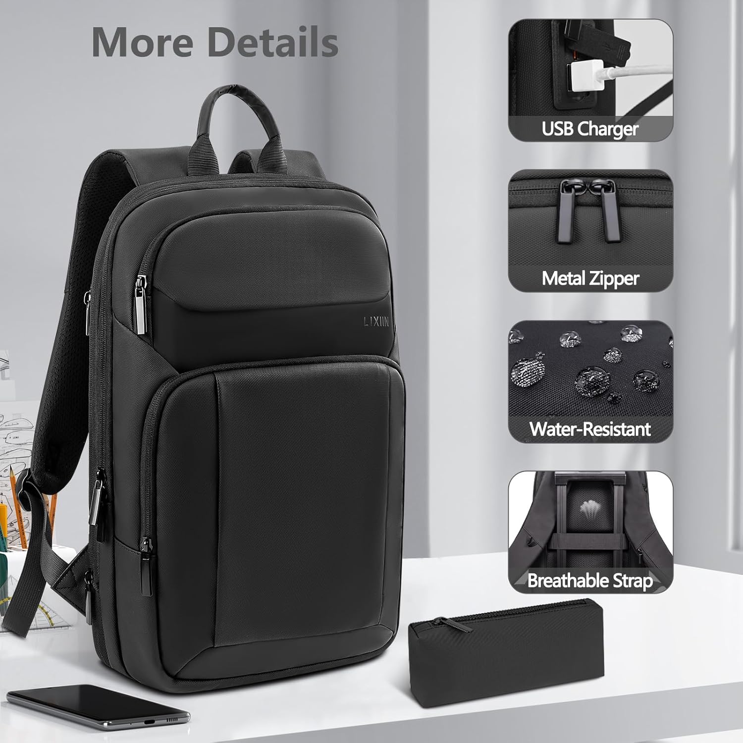 Backpack for Men Slim & Expandable Travel Laptop Backpack with USB Charging Port Water Resistant Anti-Theft Business Backpack Fits 15.6In Laptop for Commute Work College with Small Bag(Business Black) image 5 of 7 B0FCYGJ26W