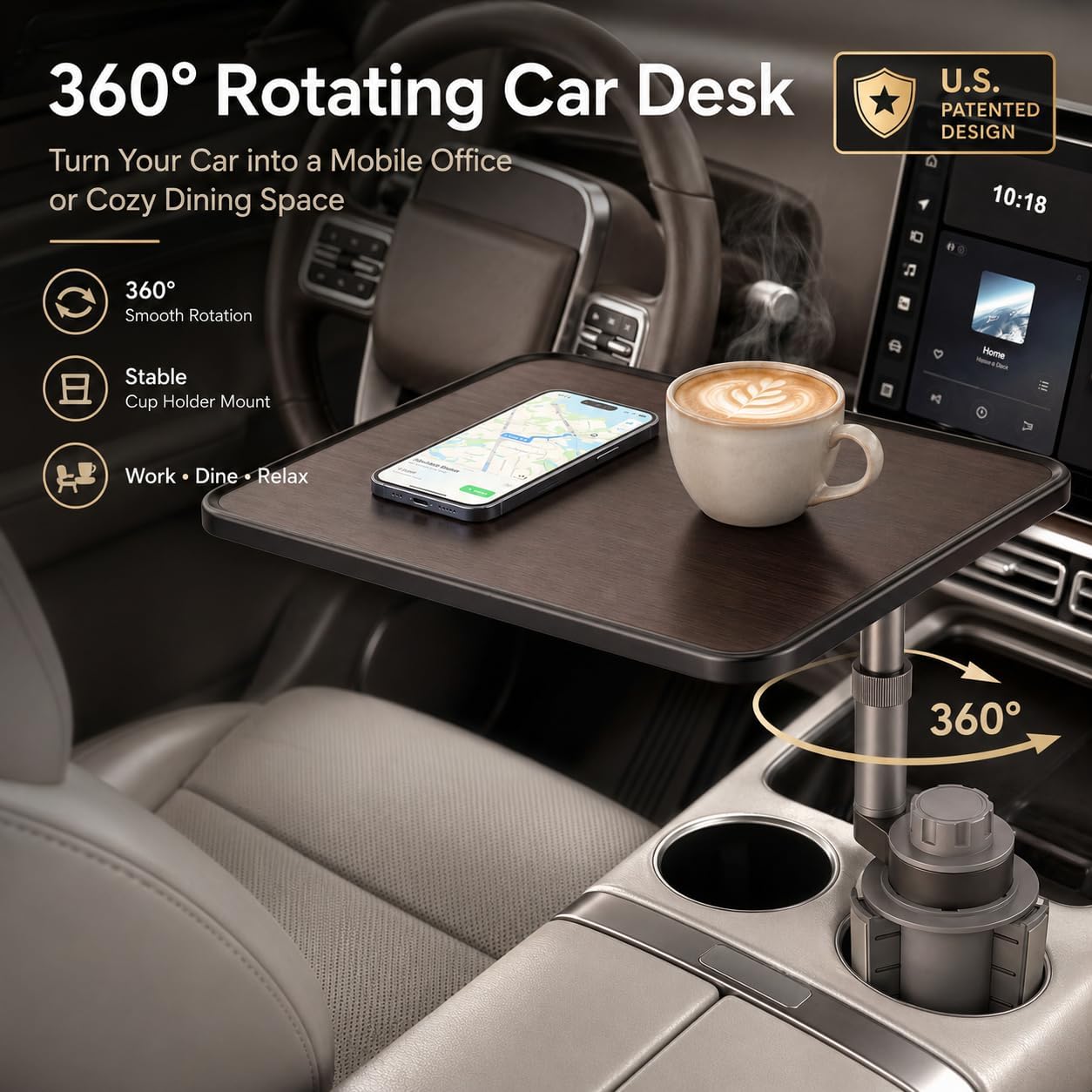 Car Cup Holder Tray Table, 360°Rotating Adjustable Car Desk for Eating & Laptop, Walnut Wood Cup Holder Tray, Fits Round Cup Holders 2.6"-3.65", Compatible with Tesla Model 3/Y/S and Most Vehicles