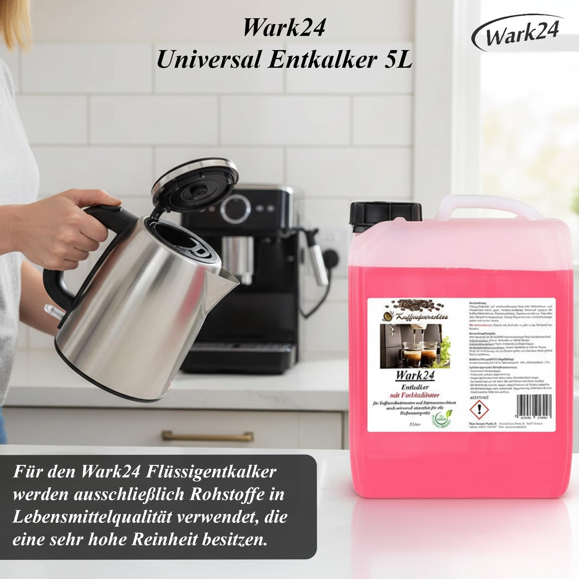 Flüssigentkalker 3x 5 L mit Farbindikator, Universal-Entkalker & schonender Kalklöser für Kaffeemaschinen, Wasserkocher & Haushaltsgeräte, biologisch abbaubar