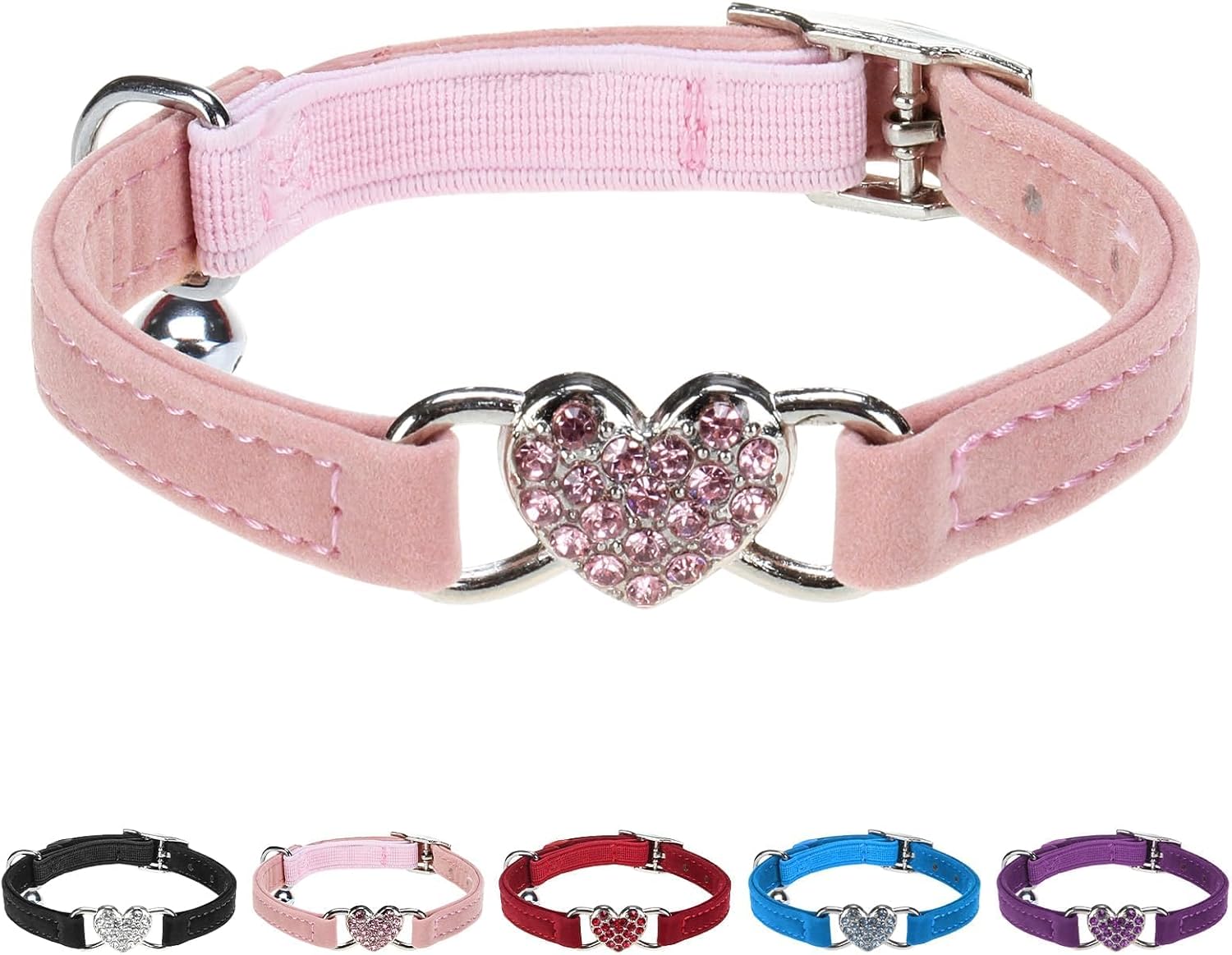 BINGPET Diamond Cat Collar,Adjustable Soft Velvet Leather Safe Kitten Collar with Crystal Heart Charm and Bells,Girl Boy Bling Stylish Cat Collars with Safety Elastic (Pink, Neck Girth 8″-10″)