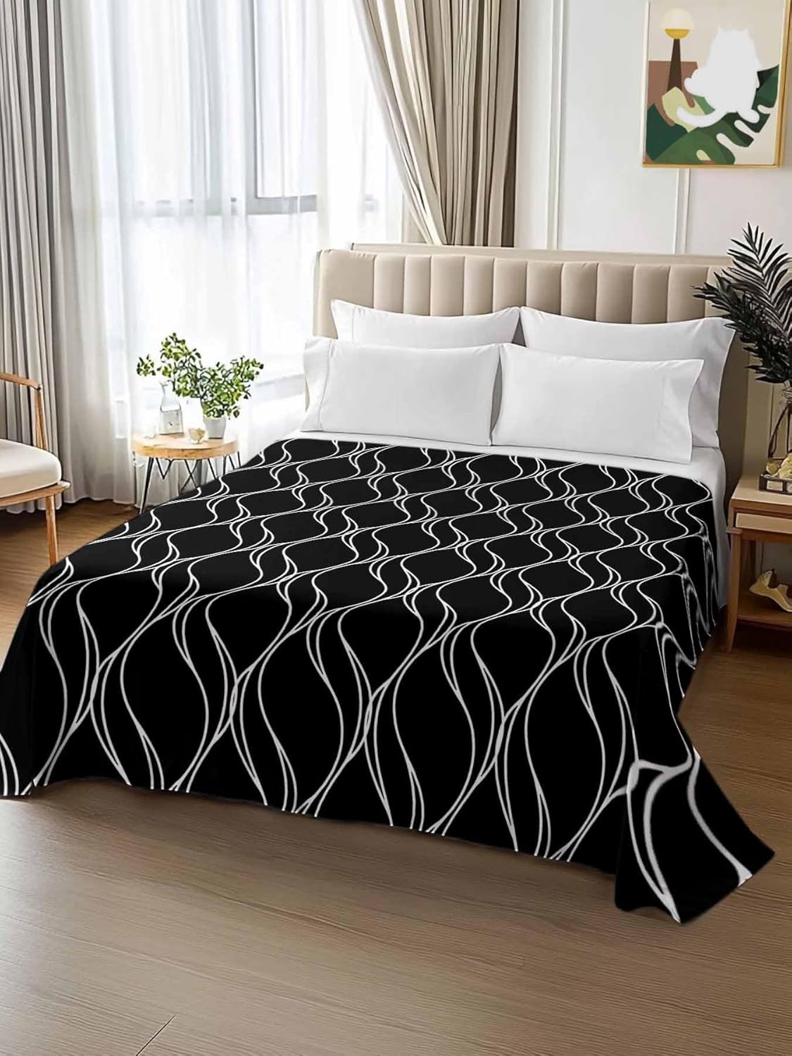 Top Sheet Full Bedding Flat Sheet Only, Minimalist White Stripe on Black Microfiber Bed Sheets Soft Breathable Bedding Flat Sheets, Abstract Wave Lines Hotel Luxury Top Sheets