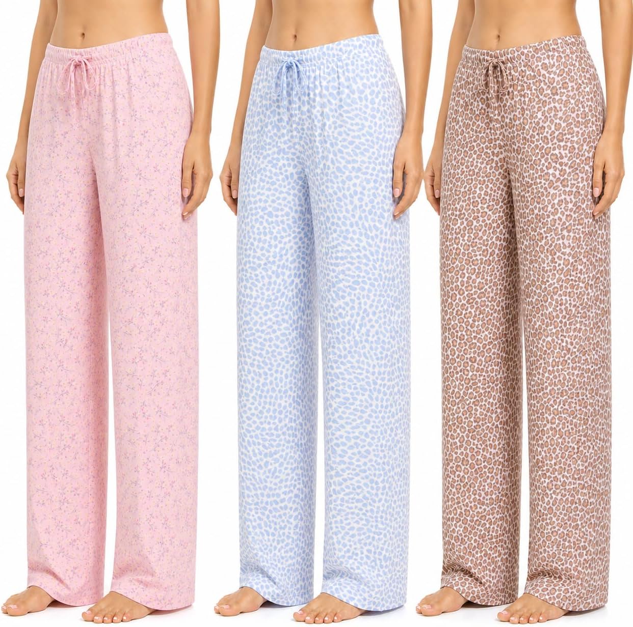 DARESAY Women’s Lounge Pants 3-Pack, Soft Stretch Pajama Bottoms, Printed Wide Leg Sleep Pants with Elastic Drawstring Waist