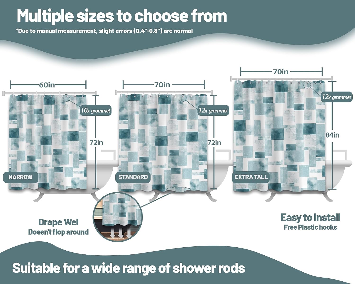 Dusty Blue Shower Curtain Light Blue and White Geometric for Modern Bathroom Decor, Waterproof Fabric 70 x 72 inch with Hooks