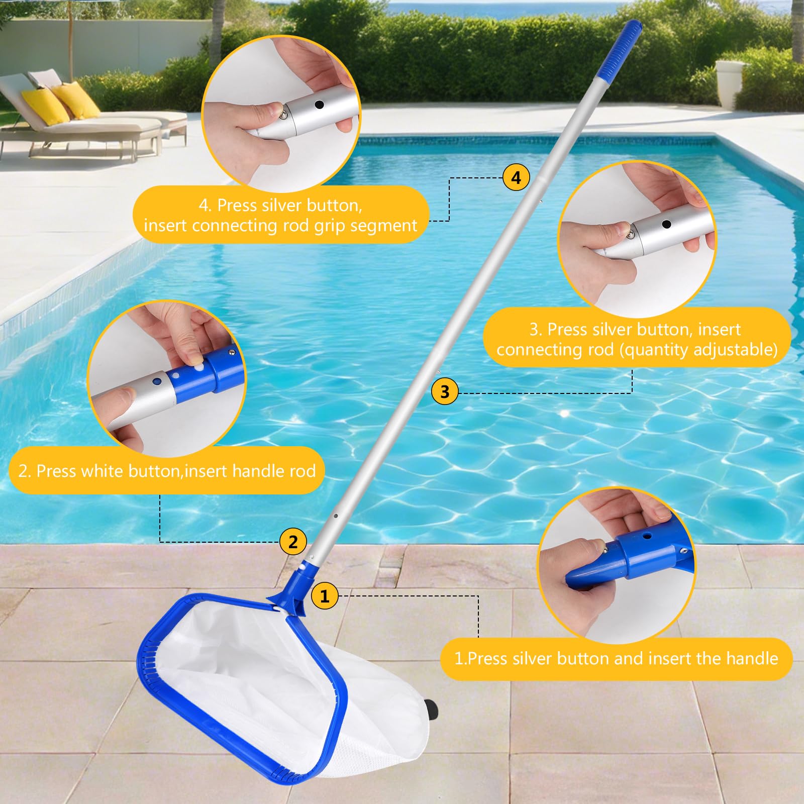 Recogedor para Piscina, Red de Limpieza con Mango Ajustable 2,7m Red Doble Capa para Estanque, Red Profunda para Piscina, Acuario, SPA - Tipo B (Marco Azul Aluminio, Red Fina Blanca Profunda)