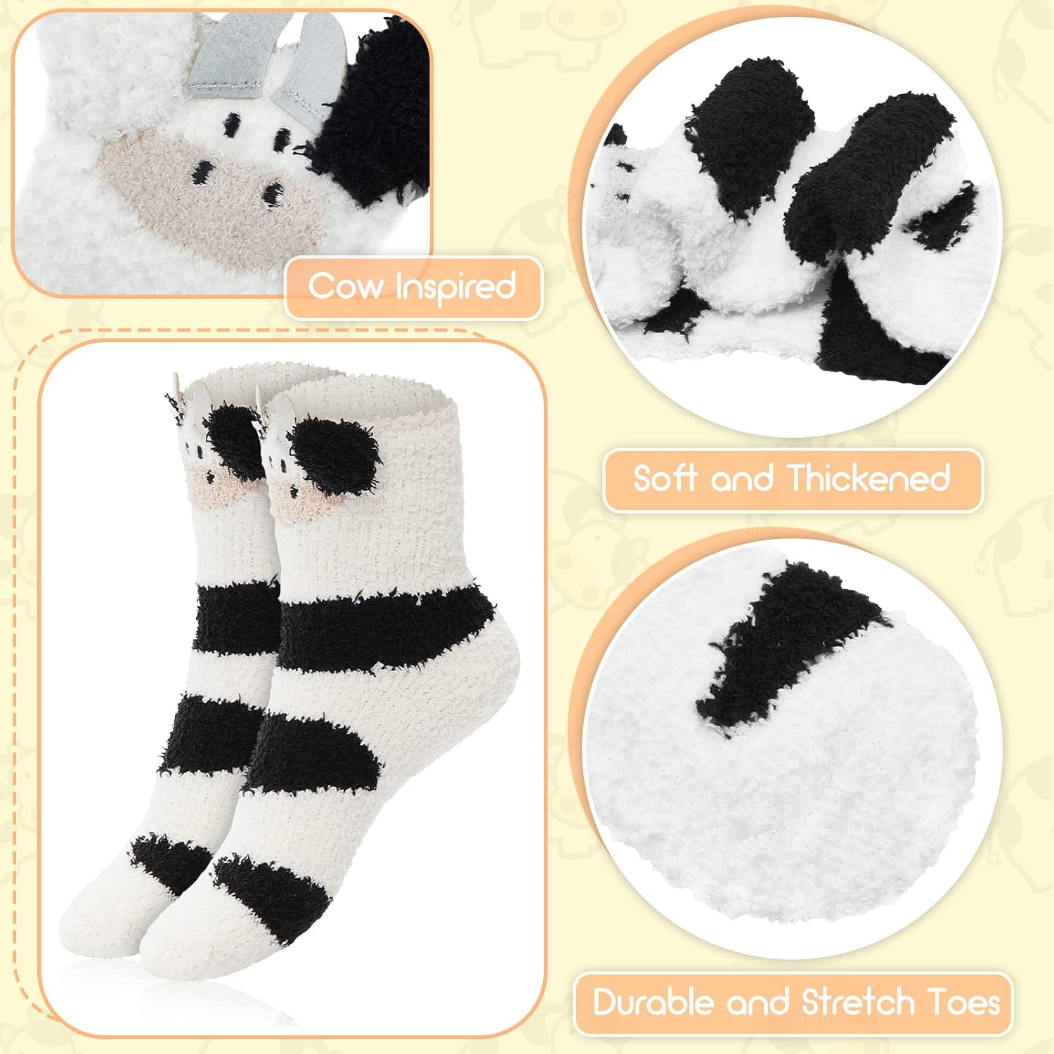 Zhanmai Fuzzy Cow Slippers Sock Gift Women Cartoon Animals Fluffy Plush Non Skid Winter Print House Shoes - Image 4