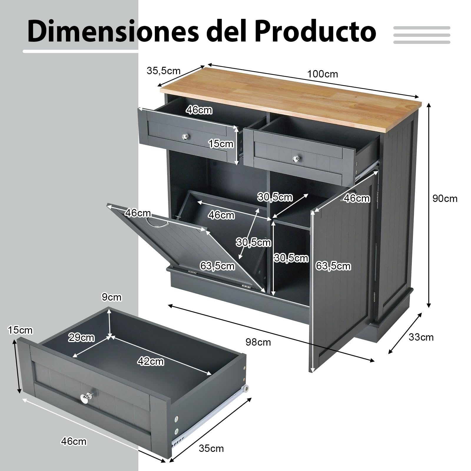 COSTWAY Aparador Auxiliar Armario de Cocina con Soporte para Botes de Basura hasta 42L Mueble de Almacenamiento de Caucho con 2 Cajones y Estante Ajustable Aparador de Cocina para Basura