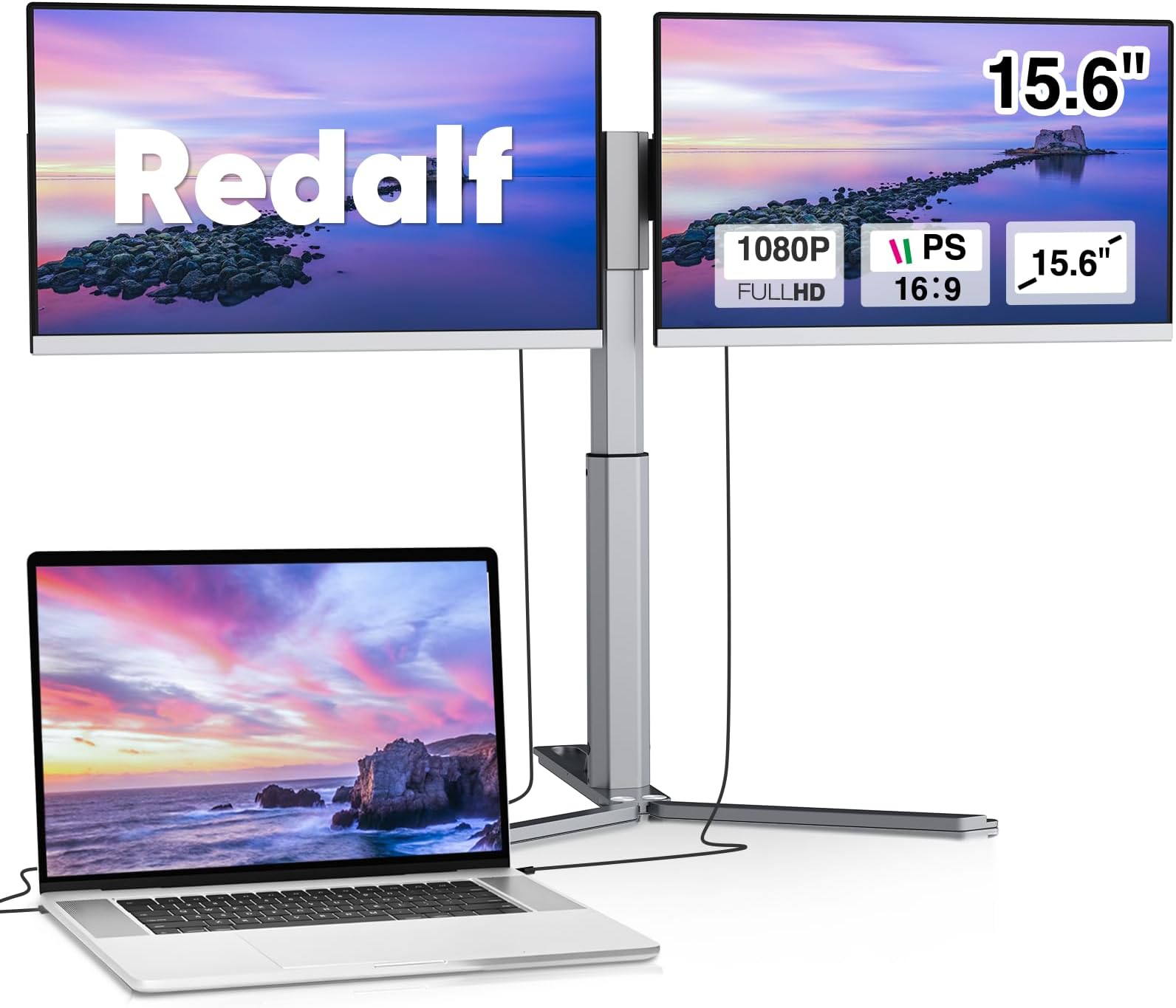 Redalf 15.6" FHD Portable Triple Monitor for Laptop, IPS Ultra-Thin Zero Frame, Compatible with Mac, Windows, Chrome, Fits All Size Laptops