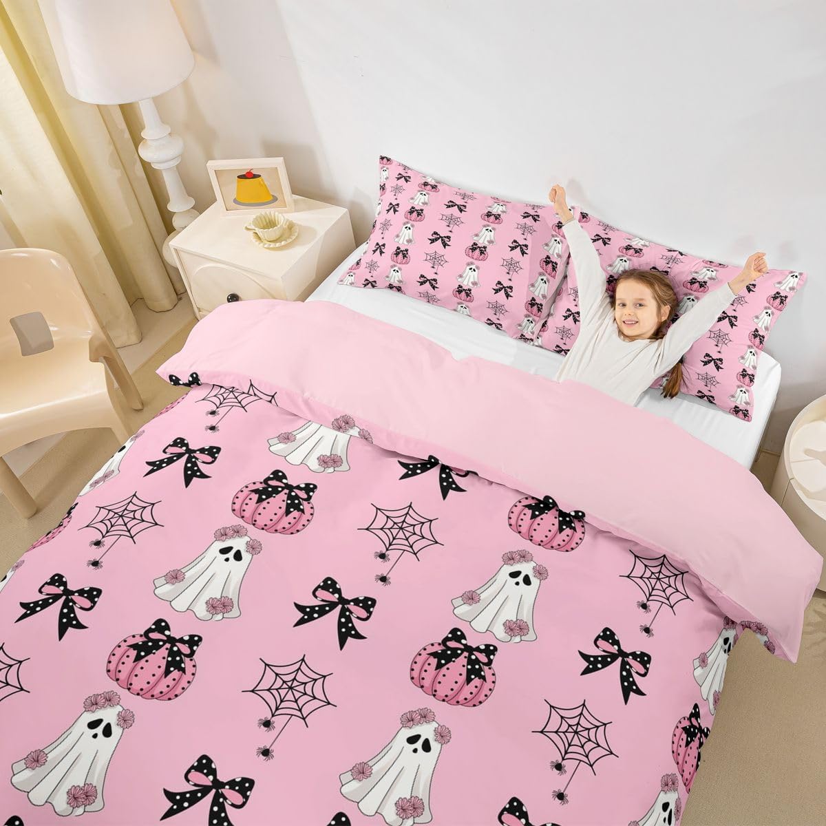 Manfei Bowknot Ghost Duvet Cover Set Full Size,Daisy Bowknot Spider Web Pattern Kids Bedding Set,Cartoon Gothic Style Room Decor,Pink Quilt Cover,2 Pillowcases(No Comforter) image 5