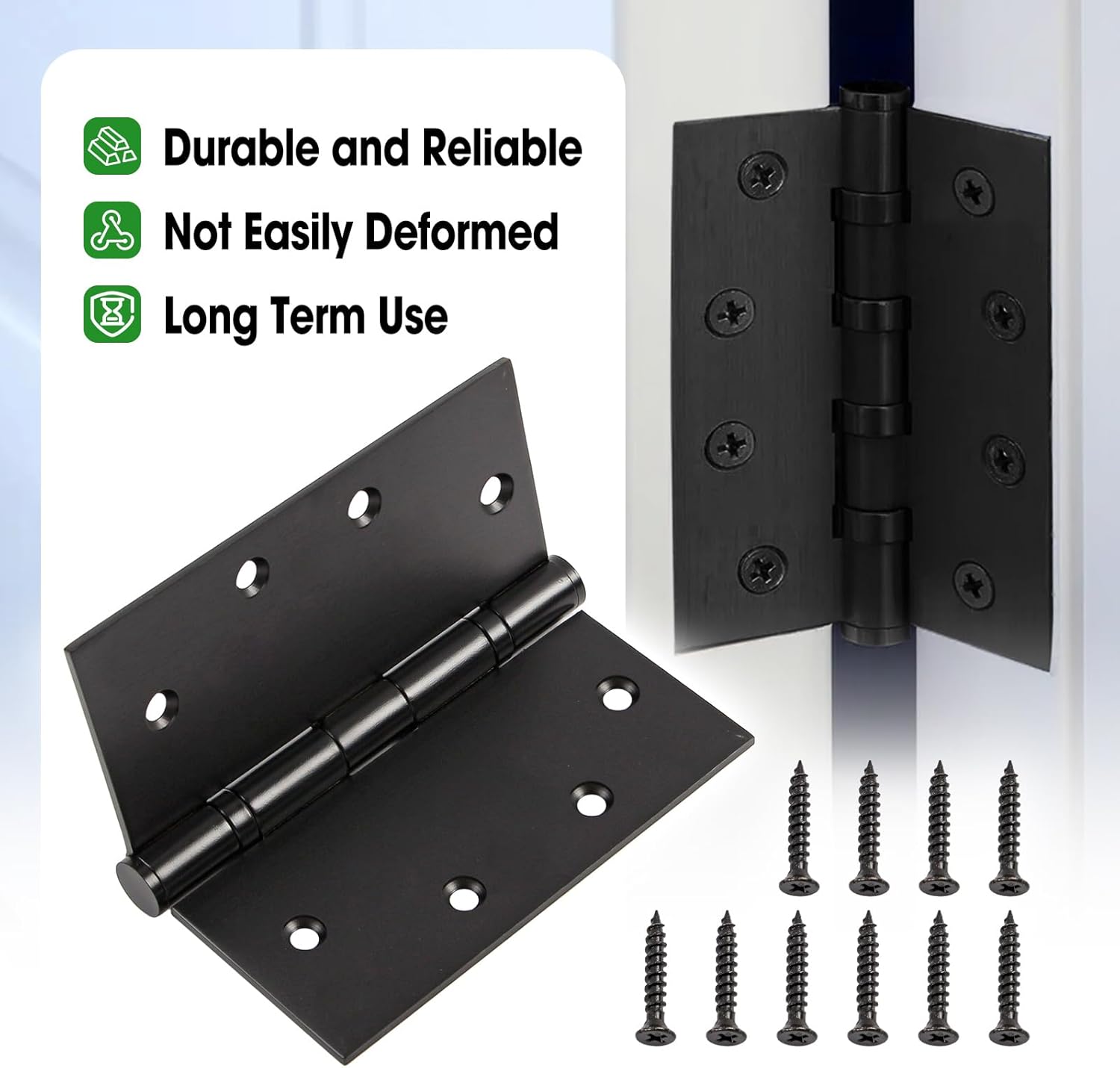 18 Pcs 4 Inch Heavy Duty Door Hinges for Indoor and Outdoor Doors, 4" x 4" Stainless Steel Hinges Ball Bearing with Square Corners, 3 mm Thickness Hardware with 144 Screws, Matte Black