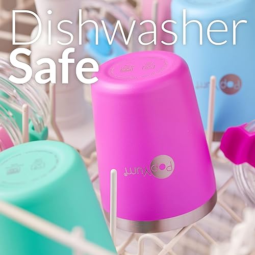 Miniatura 5 de PopYum Vasos aislados de acero inoxidable para niños de 9 onzas con tapa y pajita, paquete de 2, morado, rosa, apilables, para bebes, niños, niños