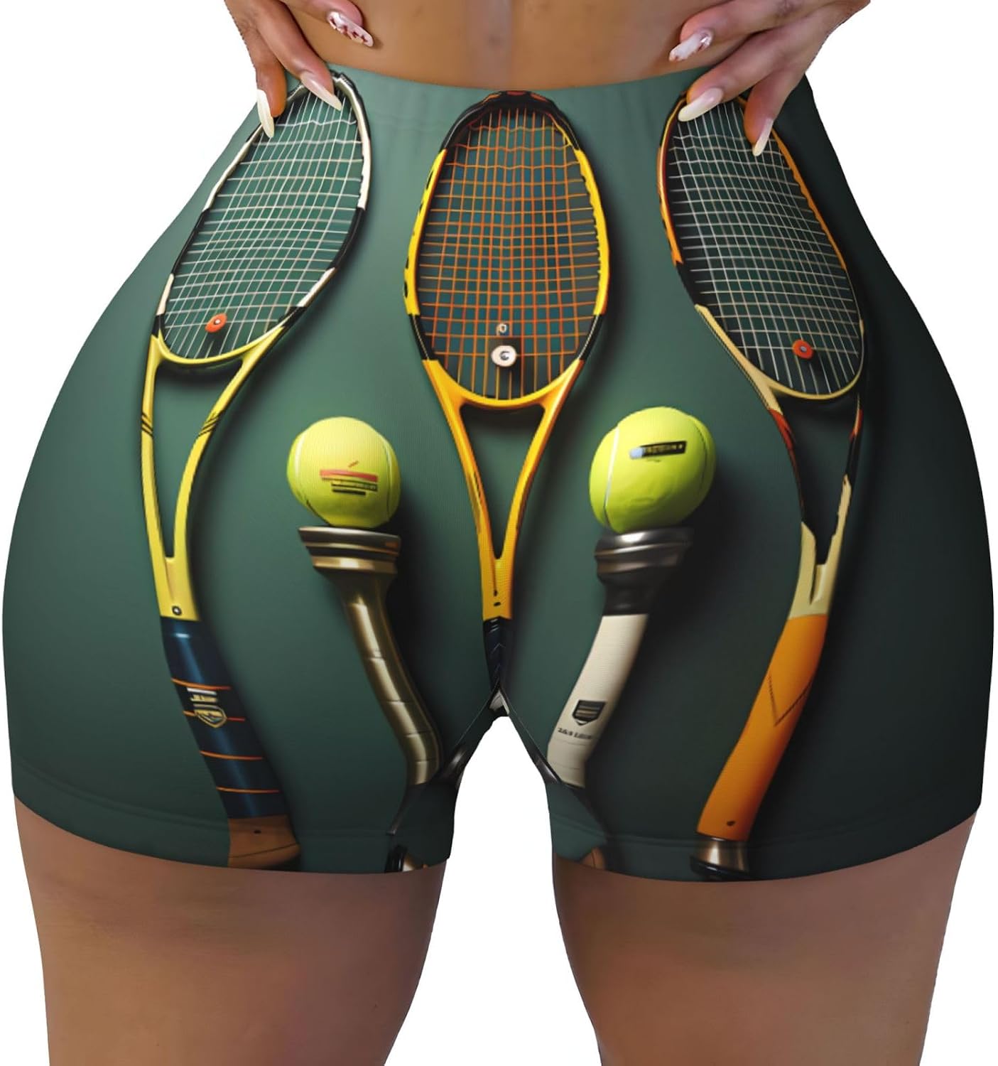 Women's Tennis Print Workout Shorts, High Waist, Polyester