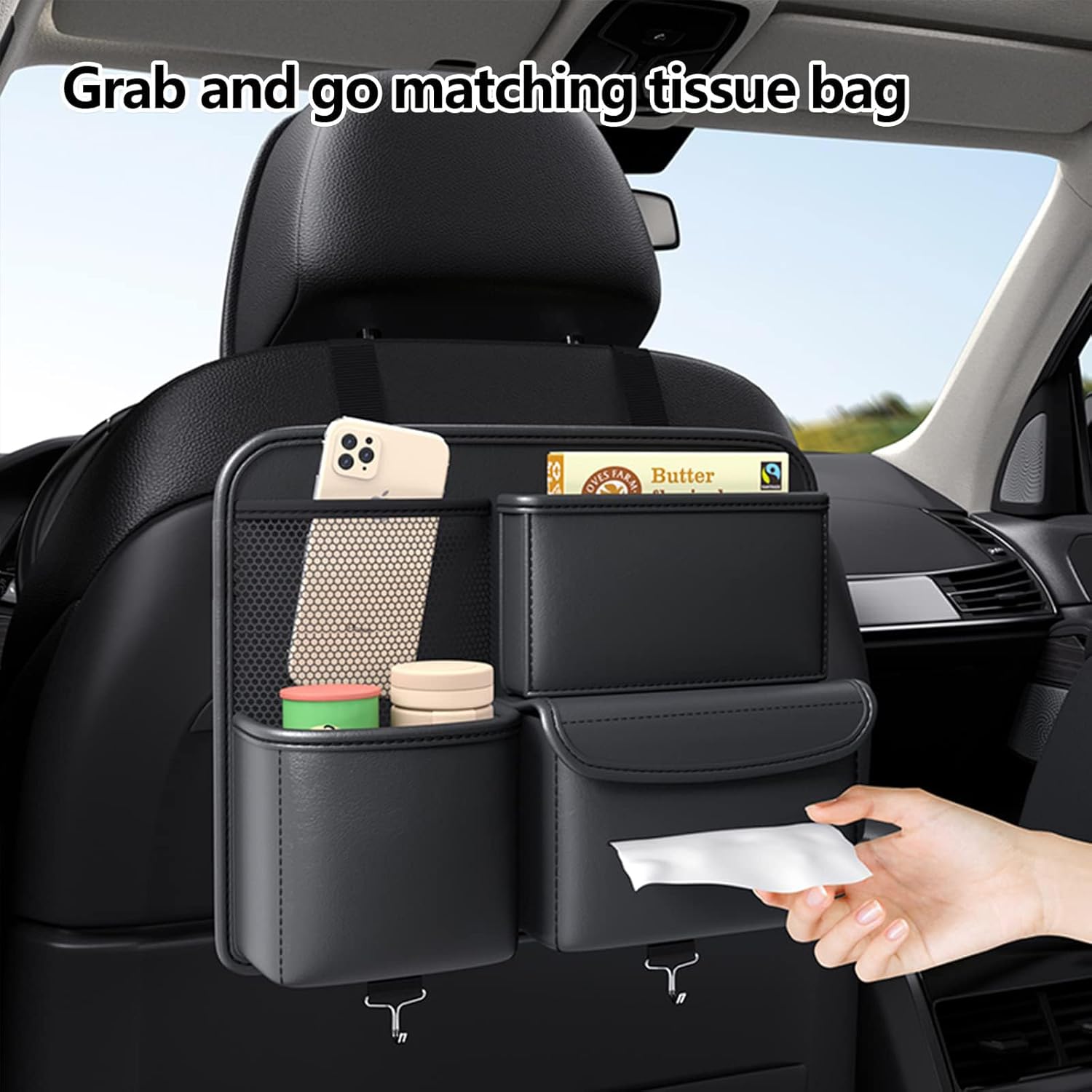 Excefore Leather Car Backseat Organizer - Hanging Seat Storage Bag for Snacks, Drinks, Toys, Magazines - Keeps Car Clean and Tidy - Essential Travel Accessories, Black 2026 - view 4