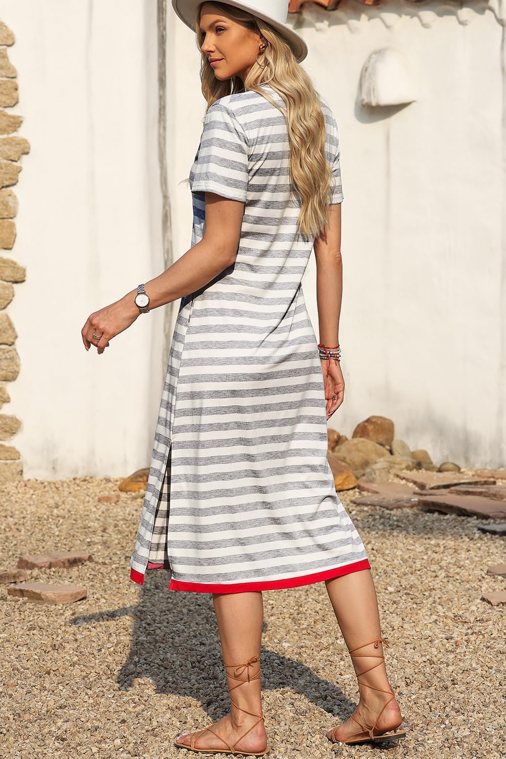 MARZXIN Women 2025 Casual Maxi Dress Short Sleeve V Neck Stripe Sundress Split Loose Long Summer Tshirt Activewear Dress Grey Pin Stripe XL 1217 - Image 3