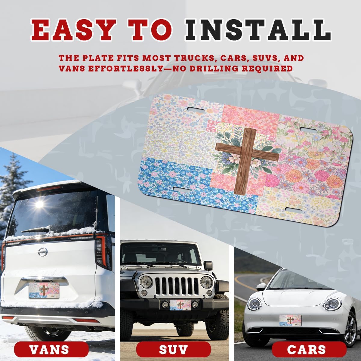 Cross Front License Plate Patchwork Floral Vintage Spring Faith Car Decorative License Plates Aluminum Metal Decor Accessory Novelty Vanity Tag Cover with 4 Holes for Men Women 6" X 12"