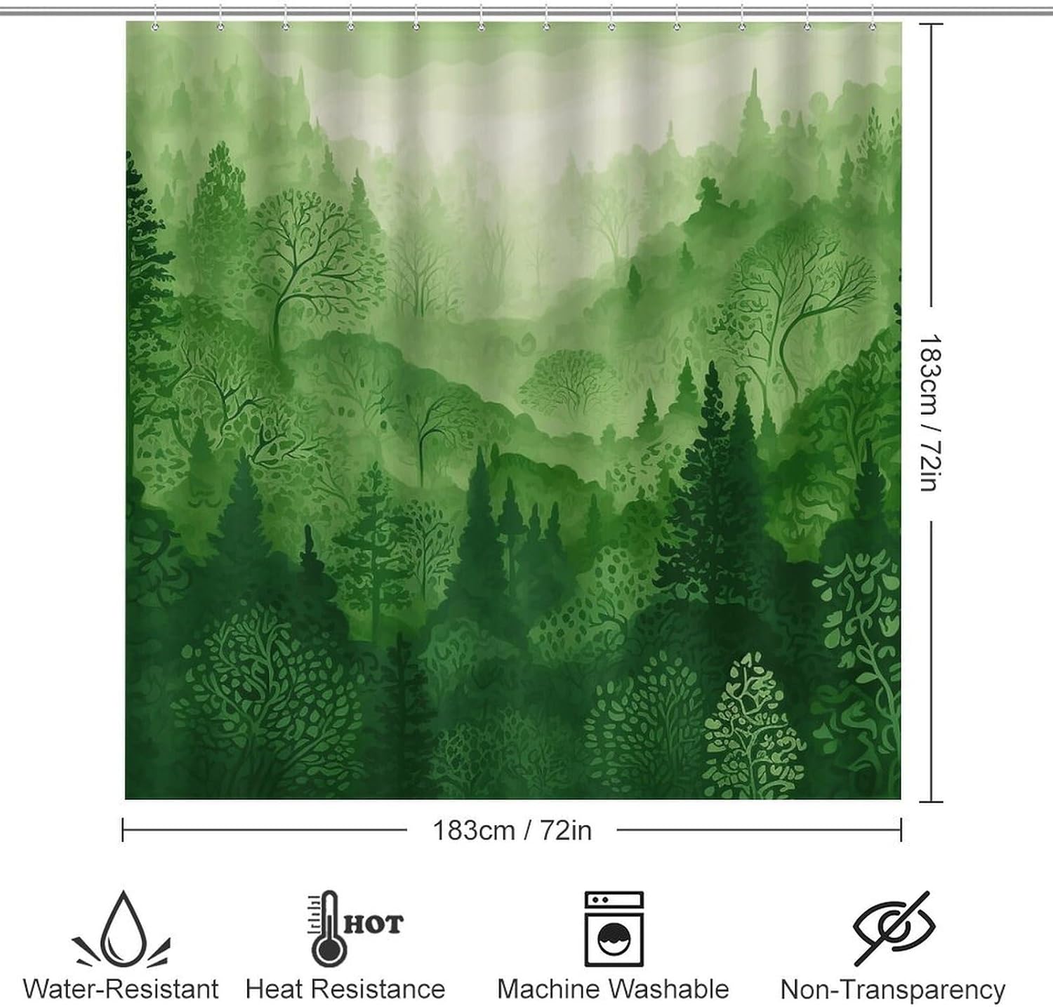 Green Forest Shower Curtain Set 4 Piece, Non-Slip Bath Mat with Toilet Lid Cover and Waterproof Shower Curtain with 12 Hooks, Complete Bathroom Set for Home Decor