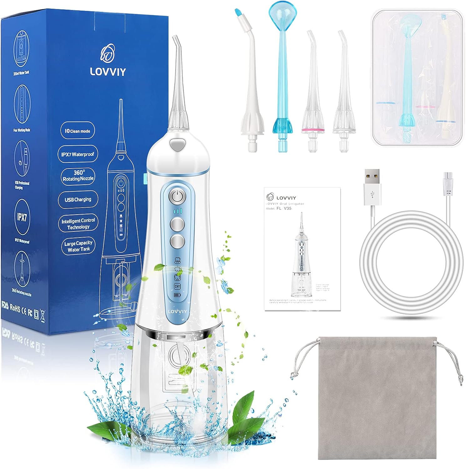 Cordless Water Flosser for Teeth Portable 320ML Dental Oral Irrigator Waterproof Water Pick Teeth Cleaner 4 Modes USB Rechargeable Power Dental Flossers with 4 Jet Tips for Braces Care Home Travel : Beauty & Personal Care