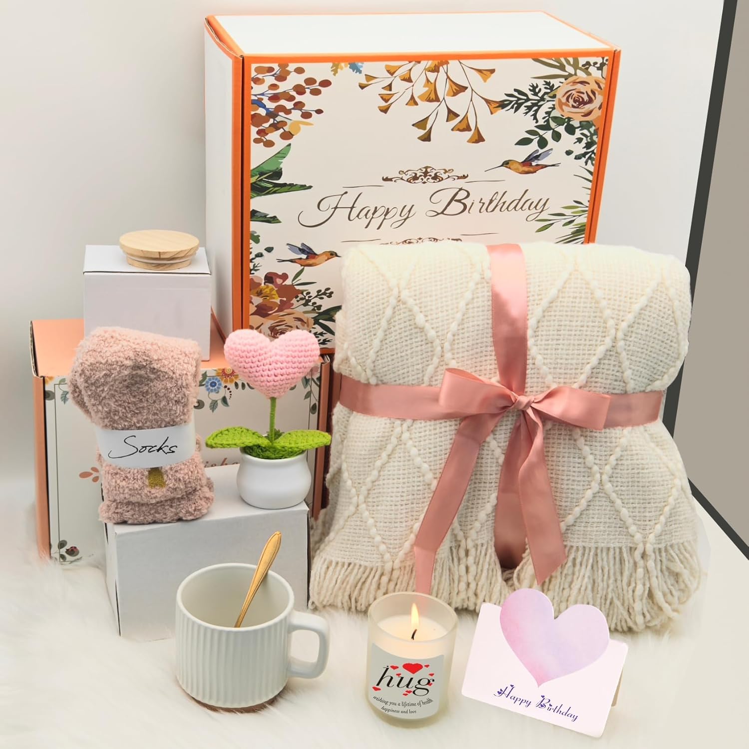 Birthday Gift Basket for women, valentine's day gifts 8 Pcs Get Well Soon Gifts Box After Surgery, Sympathy Self Mother'S Day Care Package, Cozy Off white Hug Blankets Gift for Sick Friends-Pink