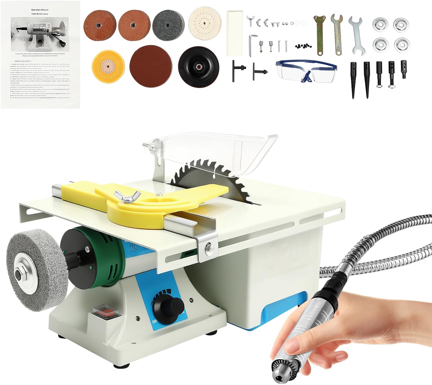 5-in-1 Mini Lapidary Saw, 750W 110V Rock Cutting & Polishing Machine, Adjustable Speed 800-10000r/min, DIY Jewelry Polishing Grinding Bench Buffer for Gem, Rocks, Jewelry Making