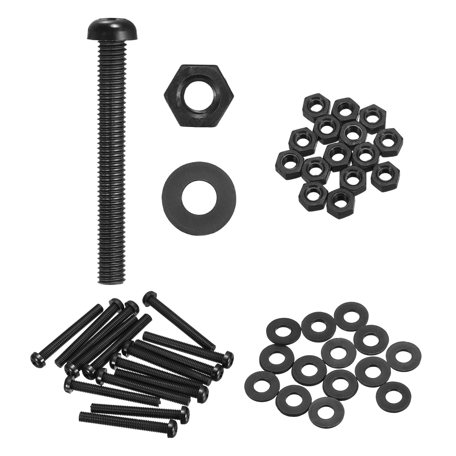 sourcing map 15 Set M6x50mm Nylon PA66 Plastic Cross Round Head Screw Phillips Bolts Hex Nuts Flat Washers Assortment Kit, Metric Full Thread Bolt Fasteners for DIY Machine Assembly, Black
