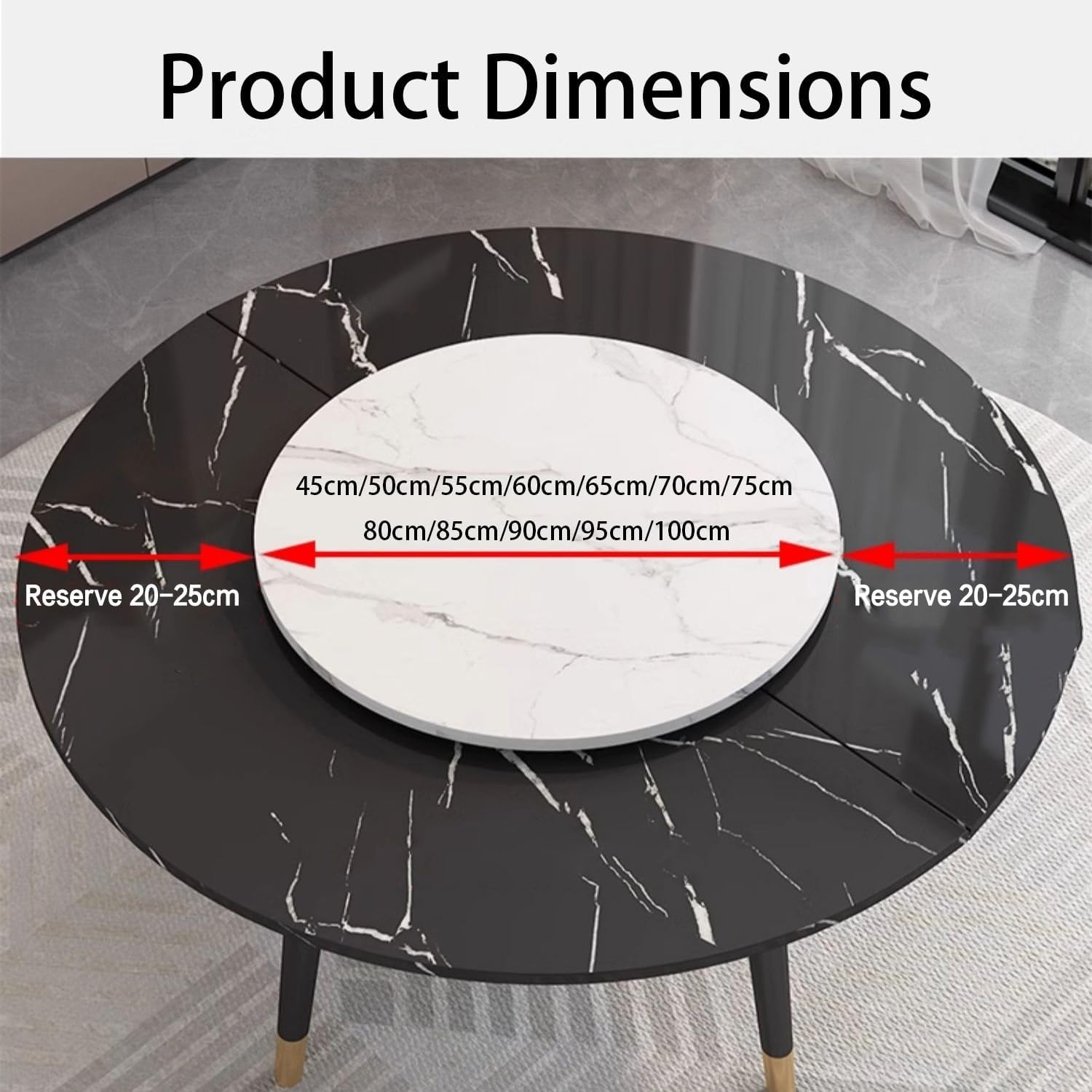 Diagram showing product dimensions and recommended table clearance
