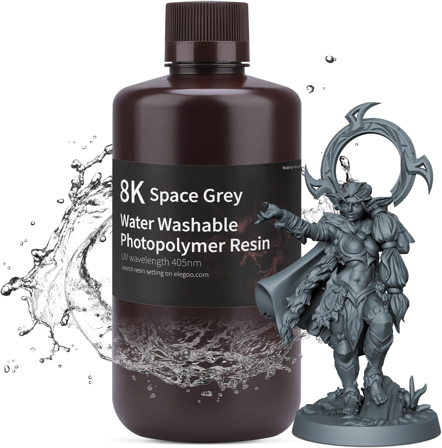 ELEGOO 8K Water Washable Resin, Higher Precision 3D Printer Resin, 405nm Rapid UV Curing Photopolymer Resin, 3D Resin for LCD/MSLA/DLP 3D Printer Printing, 8K Space Grey 1000G