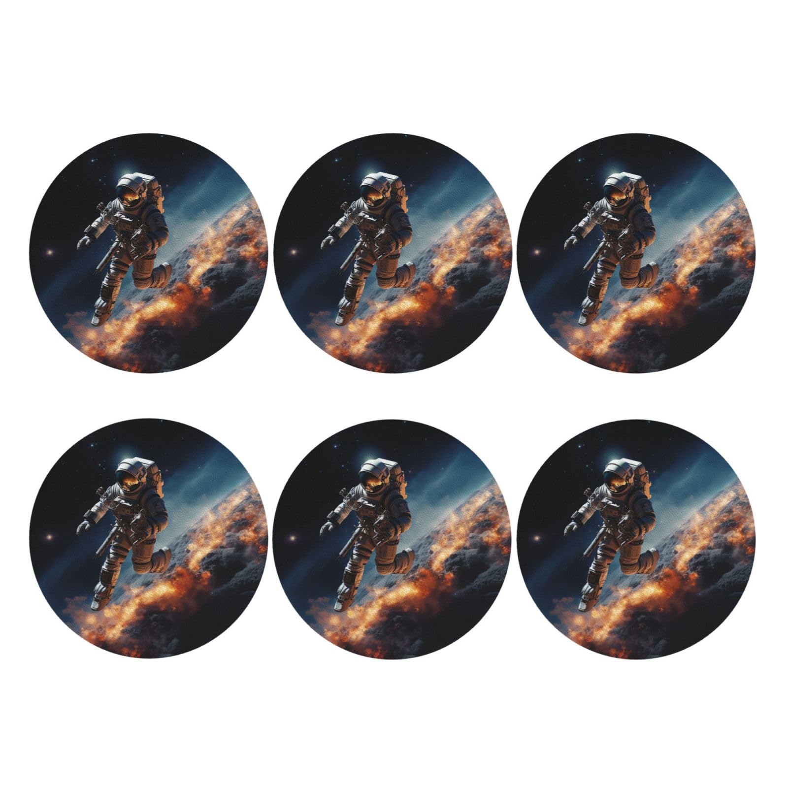 6pcs Leather Coasters for Drinks, Astronaut Flying in Space Drink Coasters for Tabletop Protection, 4" Cup Coasters for Coffee Table Decor, Non-Slip Drinking Cup Mat for Hot Or Cold Drink