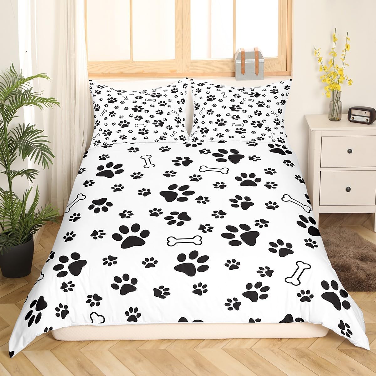 Dog Paw Print Bedding Set Queen,Puppy Bone Comforter Cover for Boys Girls,Kids Black White Duvet Cover Set Dog Footprints Bedspread Cover Fashion Teens Bedroom Decor 3 Pcs Bed Collection(No Comforter)