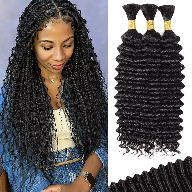 12A Human Braiding Hair for Boho Braids 3 Bundles 16 Inch 100g Deep Wave Braiding Hair for Bohemian Knotless Braids 100% Unprocessed Brazilian Virgin Bulk Hair Extensions No Weft Natural Color