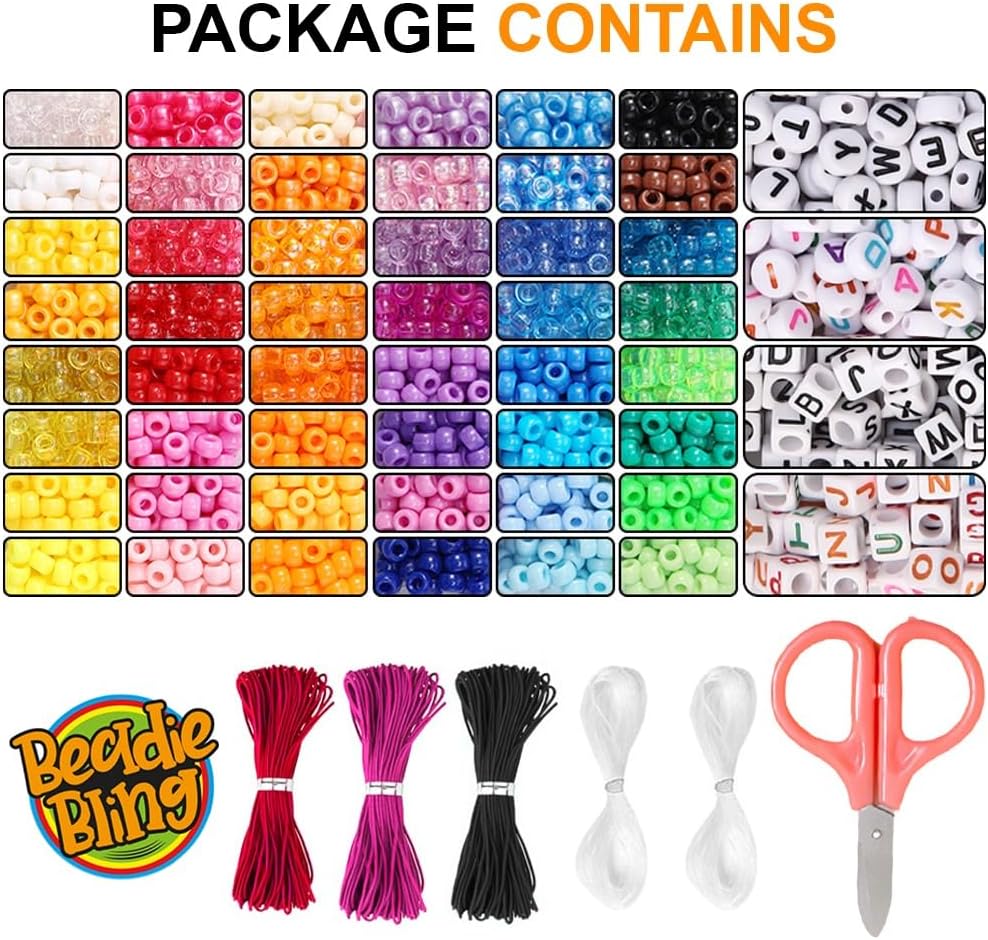 Beadiebling 4000 Pcs 6 * 9mm Pony Beads Bulk in 48 Colors - Friendship Bracelet Making Kit with 2400 Plastic Beads & 1600 Letter Beads in 3 Storage Boxes with 2X Strings, 3X Braided Ropes & Scissor