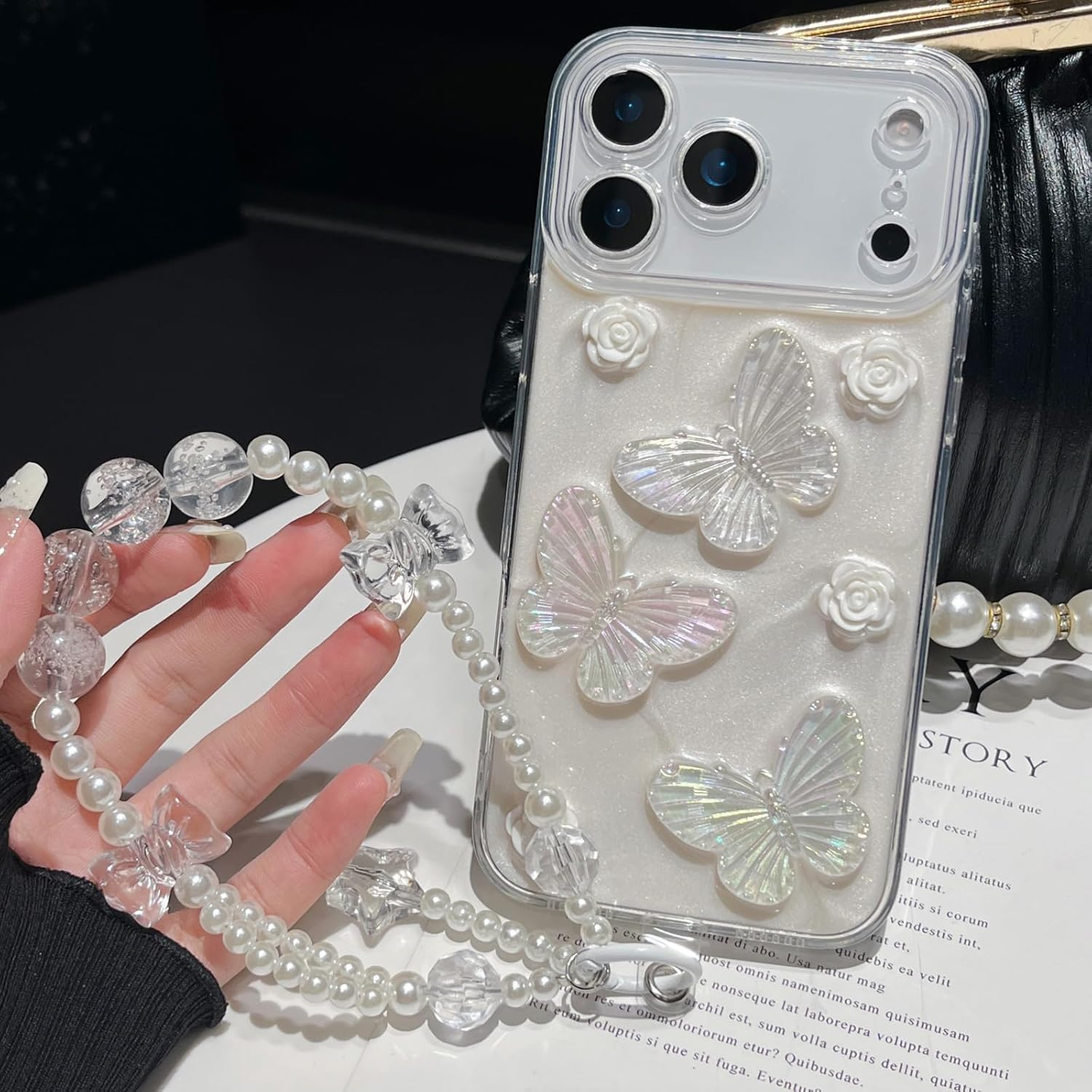 for iPhone 17 Pro Max Glitter Butterfly Case,Cute Girly 3D Flowers Floral Pearl Bling Sparkle with Wrist Strap Chain Soft TPU Aesthetic Women Girls Phone Case for iPhone 17 Pro Max 6.9",White - Image 5